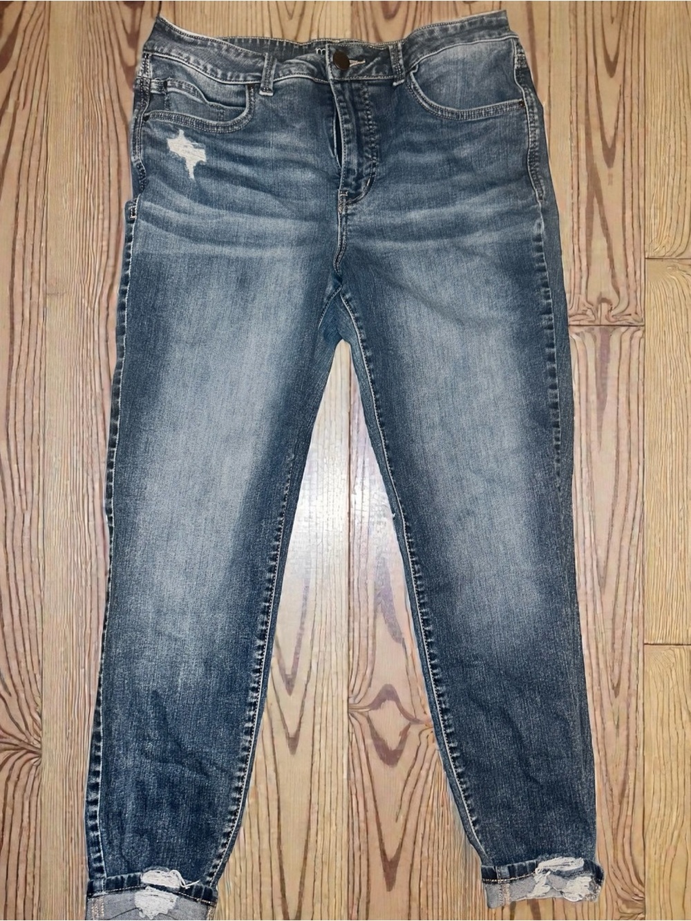 Maurices Distressed Mid-Wash loose Skinny Jeans with tummy control panel